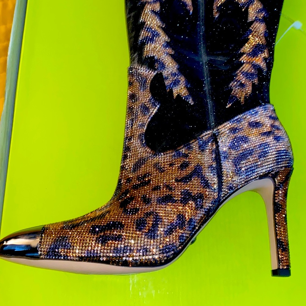 Leopard design Rhinestone Embellish Over-the-Knee Western Boots Gianni Binni